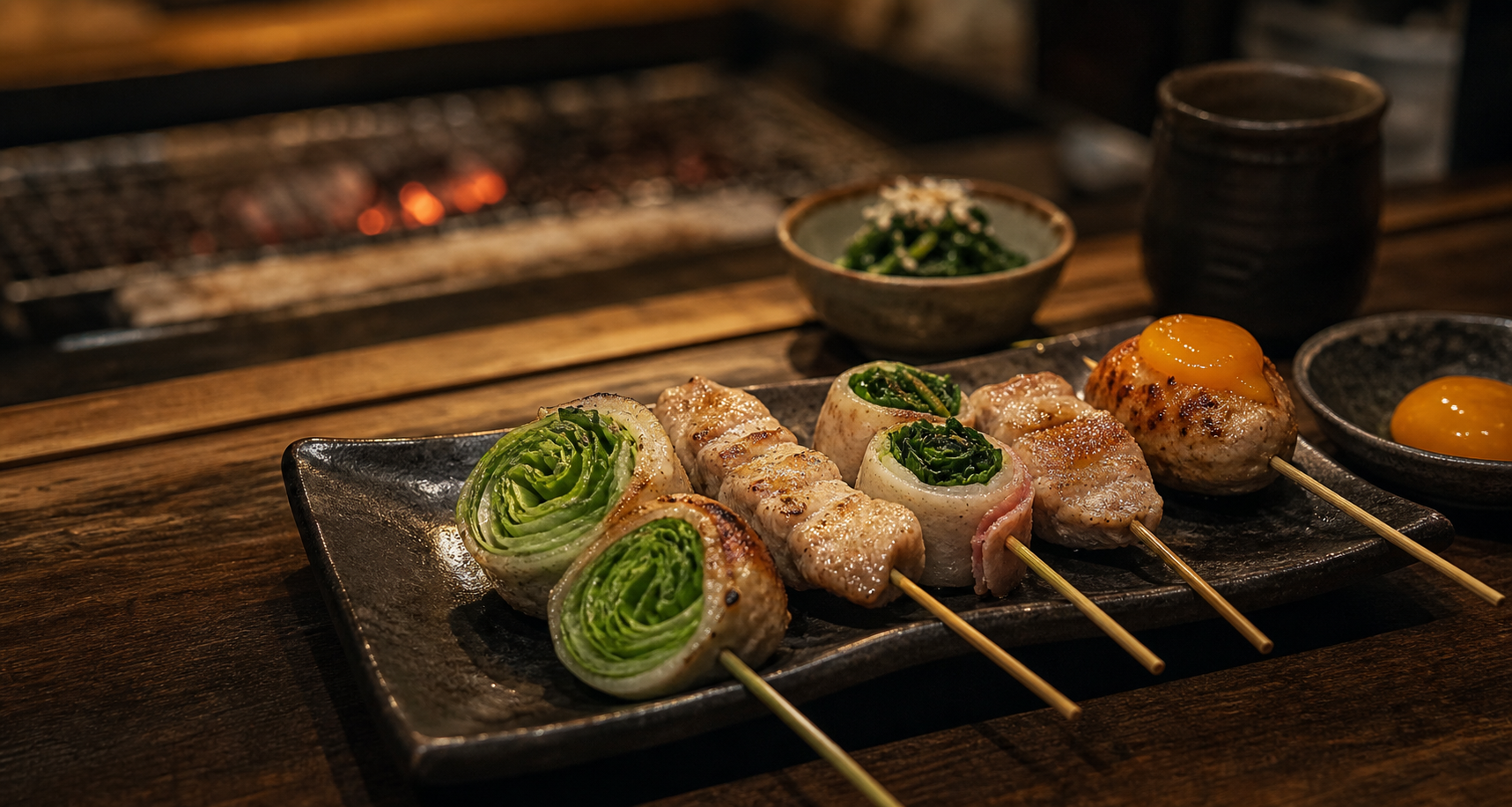 野菜巻串と焼き鳥を盛り付けた提案用の料理イメージ